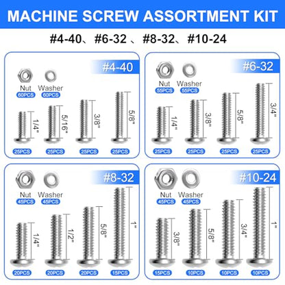 730Pcs Machine Screws Nuts and Bolts Assortment Kit, 304 Stainless Steel Bolts 16 Sizes #4-40#6-32#8-32#10-24 Phillips Pan Head Hardware Screws Assortment Kit with Nuts and Washers - size: 730PCS
