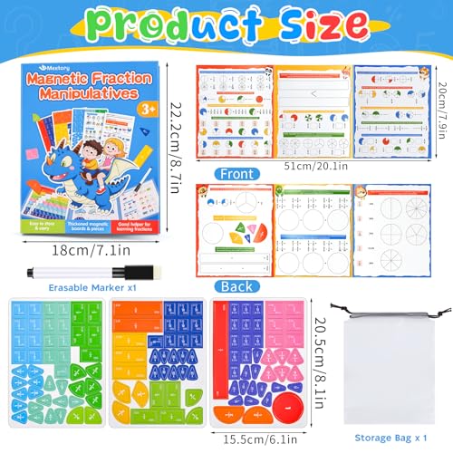 Meetory Magnetic Fraction Playbook - Magnetic Fraction Demonstration Book, Montessori Math Manipulatives Kit, Homeschool Classroom Fraction Puzzles and Games - color: Three-fold Pterosaur + Cards