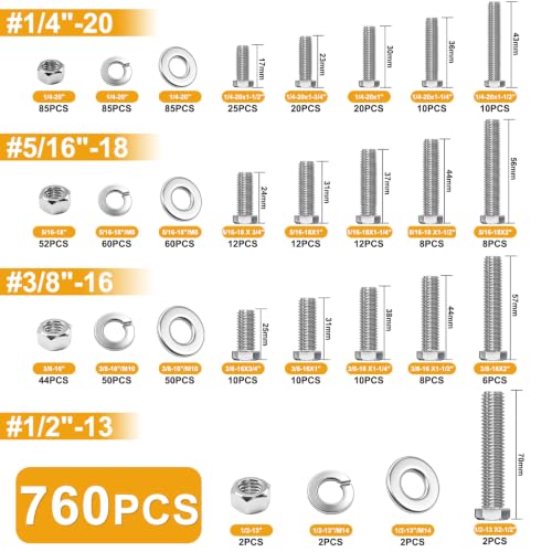 weideer 760PCS 304 Stainless Steel Hex Bolts,1/4-20 5/16-18 3/8-16 1/2-13 - color: Silver, size: 760 pcs (1/4-20, 5/16-18, 3/8-16, 1/2-13)