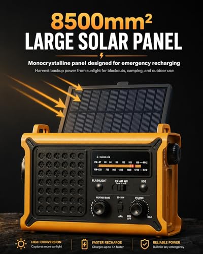 Emergency Radio with Hand Crank & Solar, NOAA Weather Band, AM/FM, 12000mAh - color: Yellow + Black