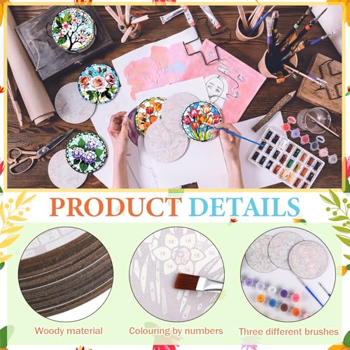 Reallnaive 16 Pcs Flower Paint by Numbers Kit for Adults Wood Floral Coaster - style: Floral