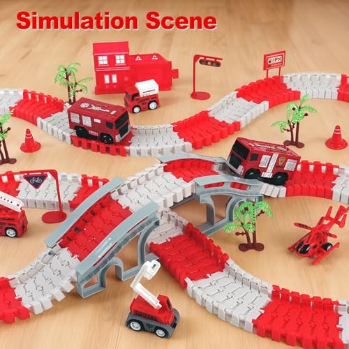 BEMITON Race Track Playset for Kids - Flexible DIY Car Track Toy, Educational Birthday Gift for Boys Ages 3 4 5 6 7, 330+ PCS Building Kit with Fire Trucks - color: Red Fire Station Race Track