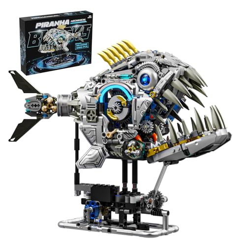 Mechanical Piranha Building Sets, Ocean Animal Collection Toy, Multi-Jointed Movement with Ice Blue Accents, Adults Home or Office Decor, STEM Building Gift for Adults Teens 13+ (1085 PCS) - style: Mechanical Piranha
