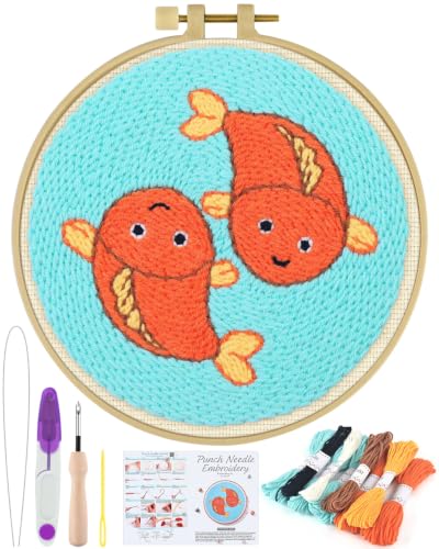 ERKOON Punch Needle Kit Beginners Adults, Zodiac Easy Embroidery Set for Starter Art Craft, Needling Punching Project with Patterns, Tools, Yarns, Hoop, Instruction (Pisces) - color: Pisces