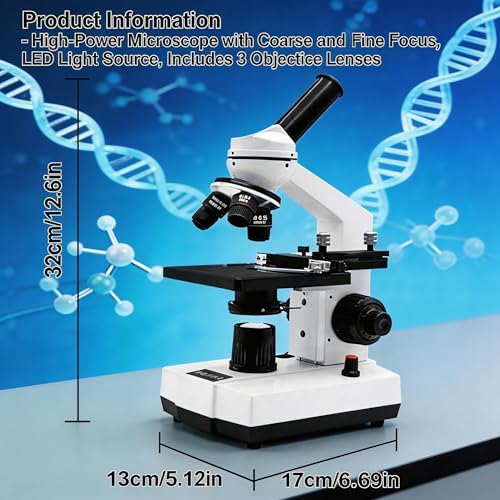 Microscope for Adults Kids Students, High-Power Biological Compound Microscope Kit, Metal-Body, with Movable Calipers, Abbe Condenser, for School Lab & Home Schooling, with Slides Set & Phone Adapter