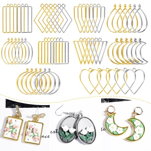 Puocaon Bezels for Clay Jewelry Making - Frame Pendants for Polymer Clay Jewelry Making, Gold Silver Bezels for Earrings, Polymer Clay Supplies, Frame Pendant Earrings Making (60 Pcs)