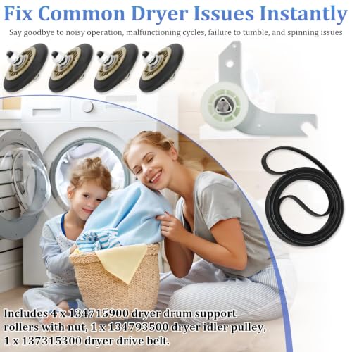Upgraded Dryer Repair Kit for Electrolux Frigidaire Dryers,Includes 137315300 Dryer Belt,134715900 Drum Support Rollers (4 Pack),134793500 Idler Pulley,More Fits Models in Figure 7