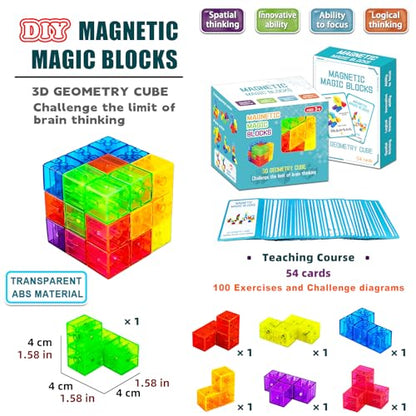 Magnetic Building Blocks Magic Magnetic 3D Puzzle Cubes, Set of 7 Multi Shapes Magnetics Blocks with 54 Guide Cards, Children's Educational Toys and Stress Relief Fidget Toys for Kids Adults - style: style1