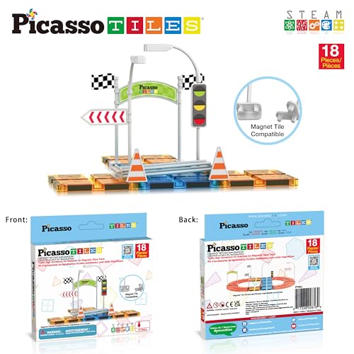 PicassoTiles Magnet Tile Compatible Building Race Track Kit Traffic Sign Accessory Stabilizers with Sticker Set STEM Educational Magnets Toddler Racecourse Structure Blocks Add On Ages 3+ PTR01 - color: 18 Pcs Traffic Sign