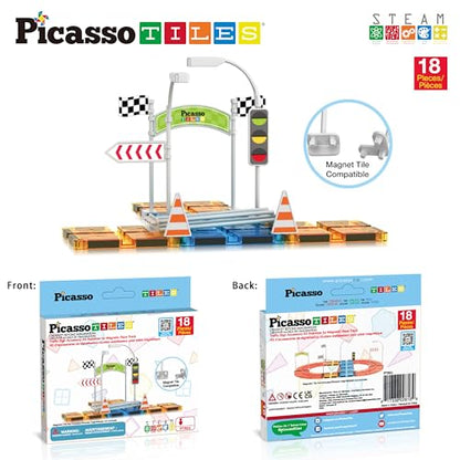 PicassoTiles Magnet Tile Compatible Building Race Track Kit Traffic Sign Accessory Stabilizers with Sticker Set STEM Educational Magnets Toddler Racecourse Structure Blocks Add On Ages 3+ PTR01 - color: 18 Pcs Traffic Sign