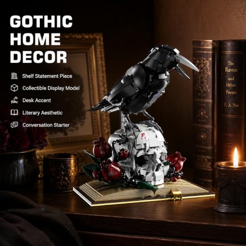 Gothic Raven & Skull Rose Building Block Set 1358 PCS Skeleton Head with Flower on Vintage Book Model Kit for Adults Teens Dark Aesthetic Room Desk Decor Display Art Gift - color: Gothic Raven Skull