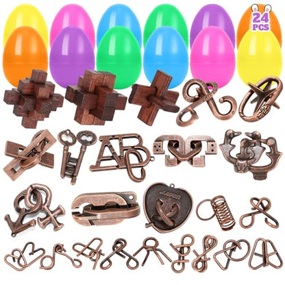 24 Pcs Brain Teaser Puzzles for Adults Teens - Metal Puzzles 3D Puzzle Game Toys for Adults Teens - Wooden Unlock Interlocking Puzzle Adult IQ Education Smart Toys - style: 24 PC