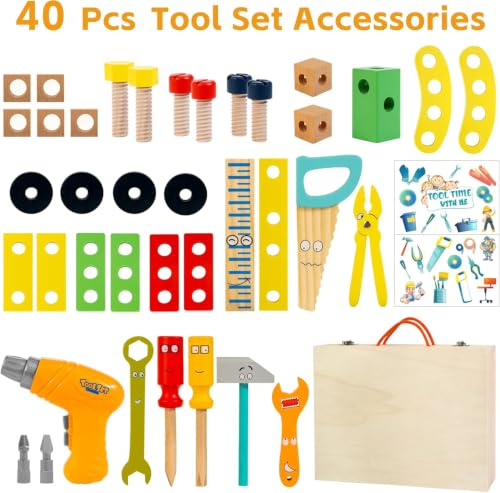 Kids Tool Set with Electric Drill, Montessori Wooden Toys for Boys Girls 3+
