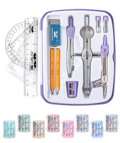 Mr. Pen- Geometry Set, 13 pcs, 3 Metal Compasses, Protractor, 6" Ruler | 45° & 30°/60° Set Squares, Pencils, Lead Refills, Sharpener & Eraser for Math, Drafting & Classroom Use - color: Purple
