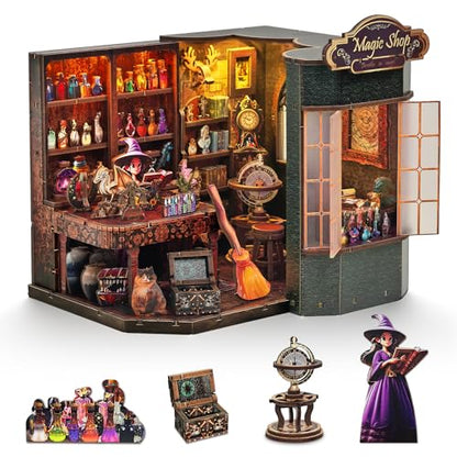 Book Nook Kit – DIY Miniature House Dollhouse for Adults & Teens, 3D Wooden Puzzle Tiny House Bookshelf Insert with LED Lights, Magic Booknook Library Decor Gift for Halloween & Christmas - style: Magic Shop