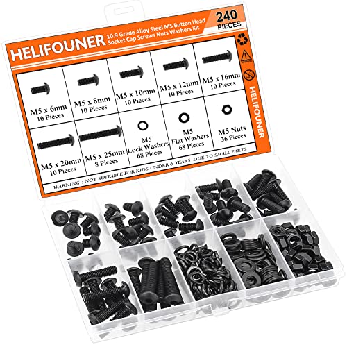 HELIFOUNER 240 Pieces M5 x 6mm /8mm /10mm /12mm /16mm /20mm /25mm, Button Head Socket Cap Screws Bolts Washers Nuts Kit, 10.9 Grade Alloy Steel, Full Threaded, Black - size: M5, style: Button Head