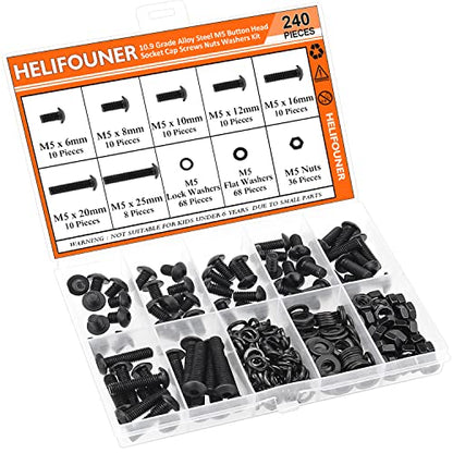 HELIFOUNER 240 Pieces M5 x 6mm /8mm /10mm /12mm /16mm /20mm /25mm, Button Head Socket Cap Screws Bolts Washers Nuts Kit, 10.9 Grade Alloy Steel, Full Threaded, Black - size: M5, style: Button Head