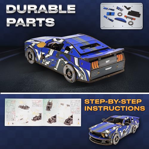 3D Wooden Puzzles – Blue Car Model Building Kits Adult - Adult DIY Building Sets – Gifts 3D Wooden Puzzles for Adults – 15+ Years Wood Building Kits - Creative Assembly for Adults - color: Blue