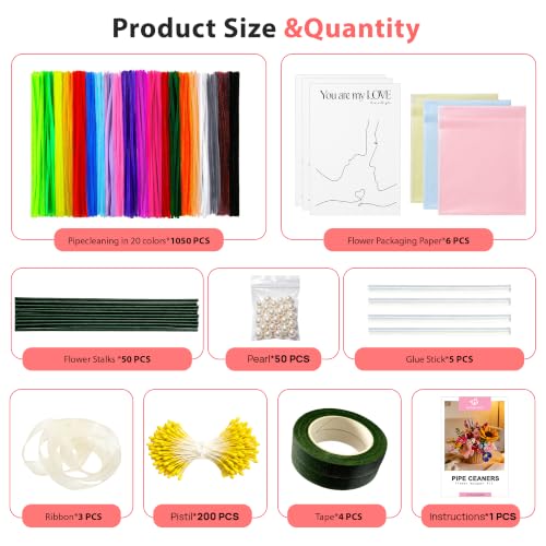 1050 Pcs Pipe Cleaner Flower Kit, Complete DIY Flower Bouquet Making Kit, - color: Colour1000