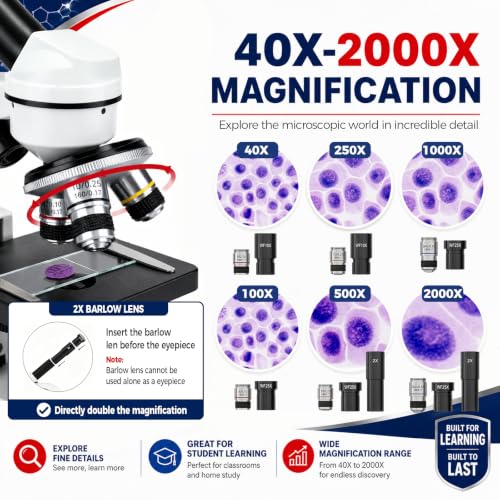 Microscope for Adults Students, 40X-2000X Metal Microscope Kit