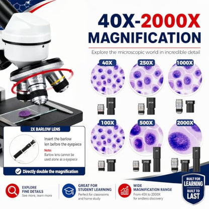 Microscope for Adults Students, 40X-2000X Metal Microscope Kit