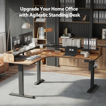 Agilestic L Shaped Standing Desk with Monitor Shelf, 63 Inch, Rustic Brown - color: Rustic Brown, size: 63x55 Inch with shelf