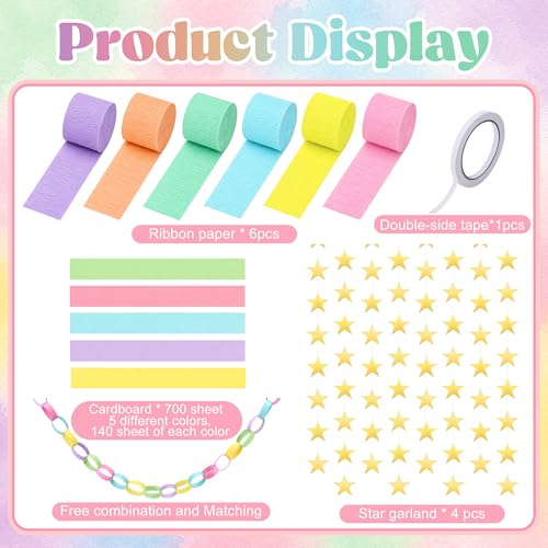 700 Sheet Macaron Paper Chain Strips and 52 ft Gold Star Garland Set - color: Macaron-700pc
