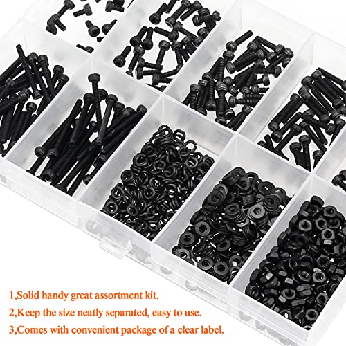 HELIFOUNER 560 Pieces M2 x 4mm /6mm /8mm /10mm /12mm /16mm /20mm, Hex Socket Head Cap Screws Bolts Washers Nuts Kit, 12.9 Grade Alloy Steel, Full Threaded, Black - size: M2, style: Socket Head