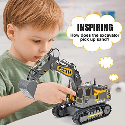 DOUBLE E Remote Control Excavator Toy Construction Toys Tractor Rechargeable Battery RC Vehicles Electric Truck Sandbox Digger Toys for Boys Girls Kids, Gray - color: Gray