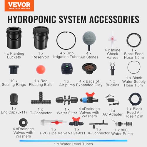 VEVOR RDWC Hydroponics Grow System, Hydroponic Growing Kit with Top Drip, Recirculating Deep Water Culture 4 Buckles and 1 Reservoir, with Air Pump and Water Level Device for Leafy Vegetables - style: 4 Buckets+1 Reservoir