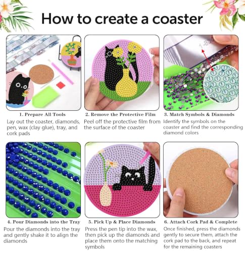 Diamond Art Coasters Kit, 8 Pieces Cats Diamond Painting Coasters Kit - color: Cats