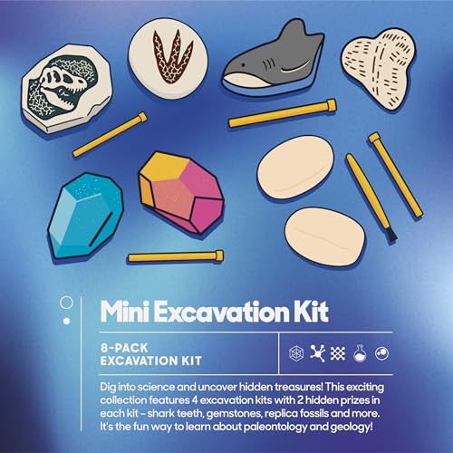 Discovery Mini Excavation Kit 8-Pack, STEM Science Dig Kit with 16 Hidden Discoveries, Genuine Gemstones, Shark Teeth, Dinosaur Fossils & Glow Dinosaur Figures, Dig & Discover Toy for Kids Ages 6+