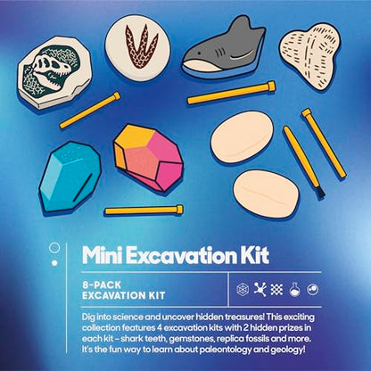 Discovery Mini Excavation Kit 8-Pack, STEM Science Dig Kit with 16 Hidden Discoveries, Genuine Gemstones, Shark Teeth, Dinosaur Fossils & Glow Dinosaur Figures, Dig & Discover Toy for Kids Ages 6+