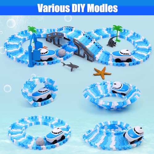 Ocean Theme Flexible Race Car Tracks for Kids, Birthday Gift for Boys Age 3 4 5 6 7 Years Old, 240+ PCS Buildable Car Track Playset with Shark Tunnel and Sea Creature Accessories - color: Ocean Race Car Tracks