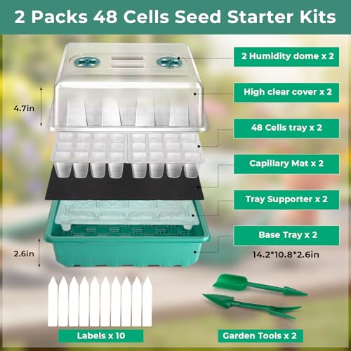 Hanaoyo Self-Watering Seed Starter Tray 2 Packs, 96 Cells Seed Starter Kit with Humidity Vented Domes and High Lid, Germination Kit for Indoor Greenhouse Seed Starter - size: 2 Pack-Self-Watering