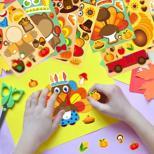 24 Sheets Thanksgiving Make a Face Sticker, Make Your Own Fall Thanksgiving Stickers Scarecrow Owl Turkey Stickers for Home School Classroom Crafts Activities Autumn Harvest Party Favors - style: Thanksgiving