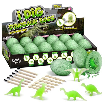 Gamerside Dino Eggs Dig Kit, 12 Glow-in-the-Dark Dinos &12 Digging Tools - color: Green Dinosaur