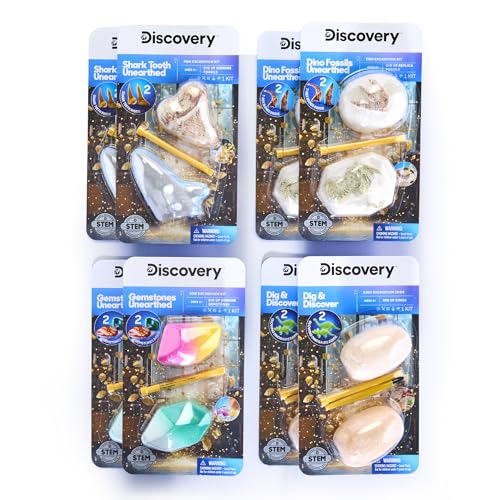 Discovery Mini Excavation Kit 8-Pack, STEM Science Dig Kit with 16 Hidden Discoveries, Genuine Gemstones, Shark Teeth, Dinosaur Fossils & Glow Dinosaur Figures, Dig & Discover Toy for Kids Ages 6+