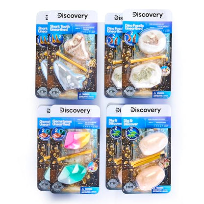 Discovery Mini Excavation Kit 8-Pack, STEM Science Dig Kit with 16 Hidden Discoveries, Genuine Gemstones, Shark Teeth, Dinosaur Fossils & Glow Dinosaur Figures, Dig & Discover Toy for Kids Ages 6+