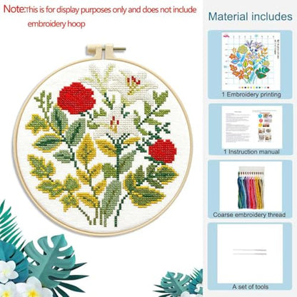 LSLFQYQSK Beginners Embroidery Kits - Flower DIY Cross Stitch Kits,Including,Stamped Flower Patterns,Hoop,Color Threads,Tools (Style B) - style: Style B