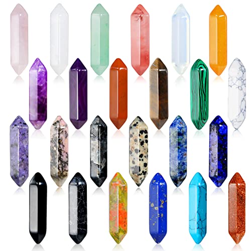24Pcs Healing Crystals Stones Sets, Hexagonal Bullet Shaped Reiki Meditation Gemstone Chakra Stones Tiger Eye Obsidian Quartz Crystals Gemstone Wand Set Pendants with Storage Box - size: 24PCS