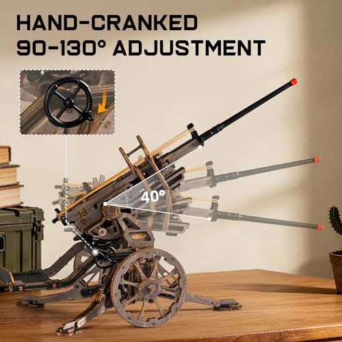 ROKR Anti-Aircraft Gun 3D Wood Puzzle for Adults - Mechanical Rubber Band Shooting Model Kit, DIY Building Set for Teens and Hobbyists, Desktop Decor