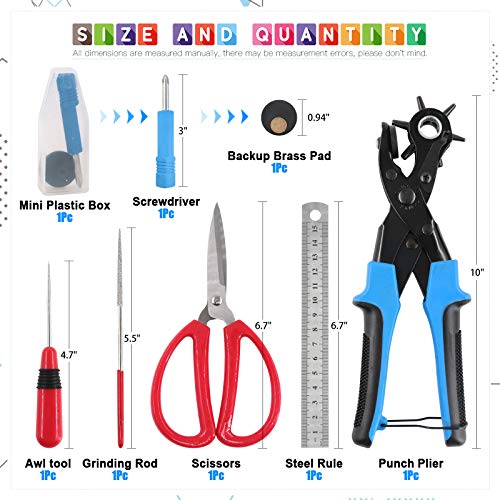 Glarks Adjustable Leather Hole Punch Pliers with Single Cap Leather Rivets Set Free Scissor & Ruler & Awl Tool for Belt, Watch Bands, Saddle, Shoes - style: Hole Punch Plier with Leather Rivets