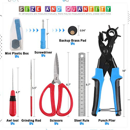 Glarks Adjustable Leather Hole Punch Pliers with Single Cap Leather Rivets Set Free Scissor & Ruler & Awl Tool for Belt, Watch Bands, Saddle, Shoes - style: Hole Punch Plier with Leather Rivets