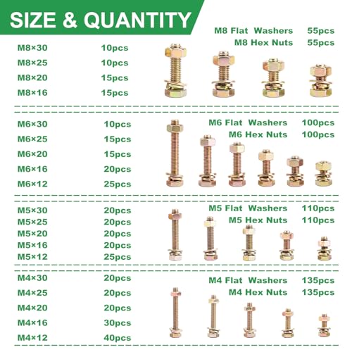 Foliv 1580pcs Metric Bolt Assortment, M4 M5 M6 M8 Nuts and Bolts Assortment Kit, Grade 8.8 Alloy Steel with Yellow Zinc Plated, Length from 12-30mm - size: 1580PCS M4 M5 M6 M8