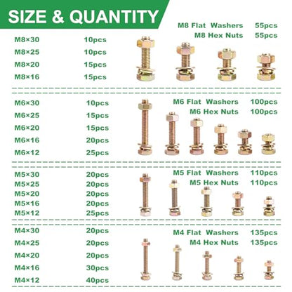 Foliv 1580pcs Metric Bolt Assortment, M4 M5 M6 M8 Nuts and Bolts Assortment Kit, Grade 8.8 Alloy Steel with Yellow Zinc Plated, Length from 12-30mm - size: 1580PCS M4 M5 M6 M8
