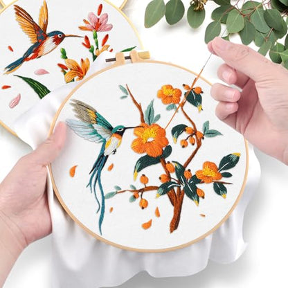 ERKOON 3 Sets Embroidery Kit, Hummingbird Cross Stitch Set for Include Embroidery Cloth Hoops Threads for Craft Lover Hand Stitch (Hummingbird) - color: Hummingbird