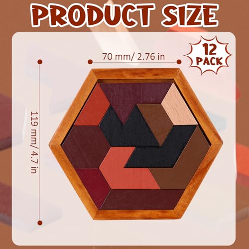 12 Pack Wooden Hexagon Tangram Puzzles Brain Teaser Logic Game