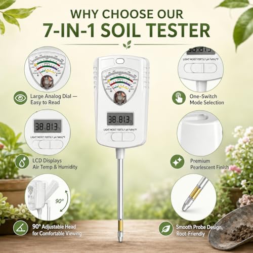 2026 Soil Tester, 7-in-1 Soil Test Kit for Moisture, pH, Fertility, Temperature, Humidity and Light, Digital Soil Meter for Garden, Lawn, Farm, Indoor and Outdoor