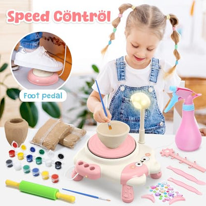 Pottery Wheel for Kids with Foot Pedal, Air Dry Clay Craft Kit Ages 6+ - color: Pink C